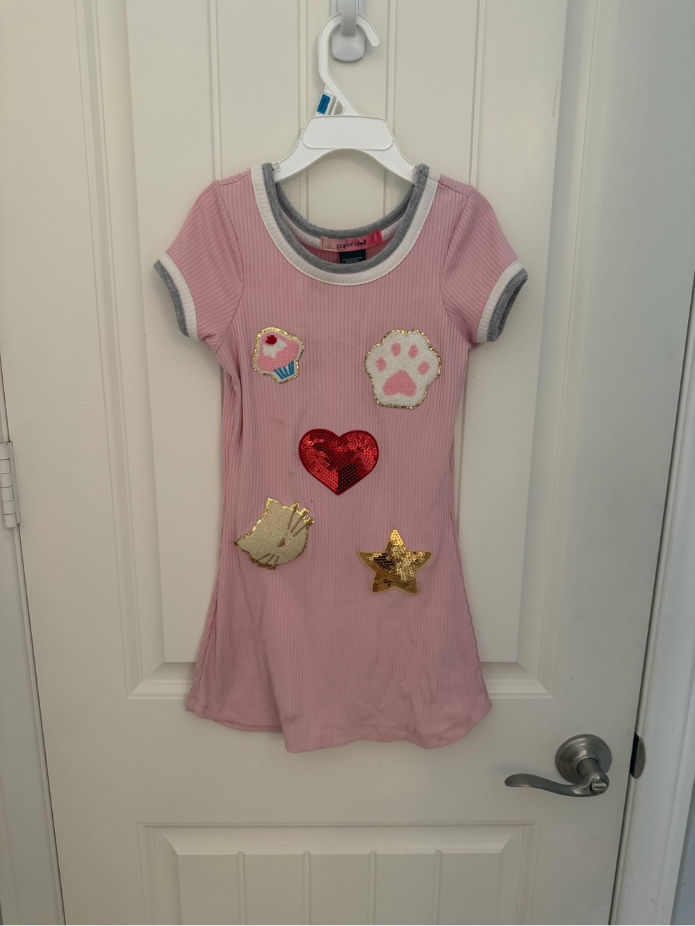 Two paper doll Pink Short-Sleeve Patch Appliqué Dresses playful feminine